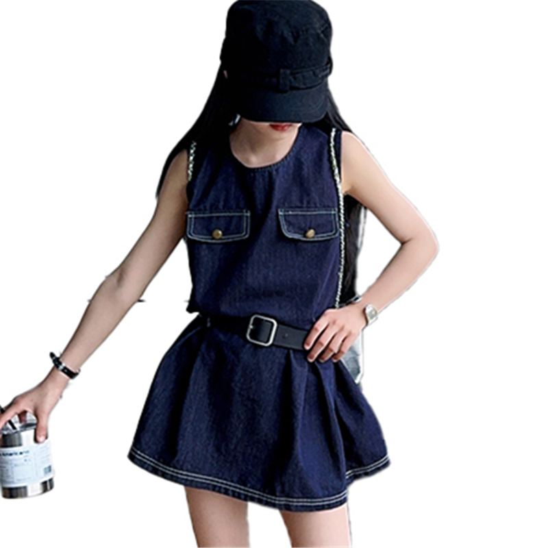 Vintage Fashion Streetwear - Stilvolles Kindermode-Denim-Bodysuit-Kleid für Mädchen, Vintage-Stil, dunkelblauer