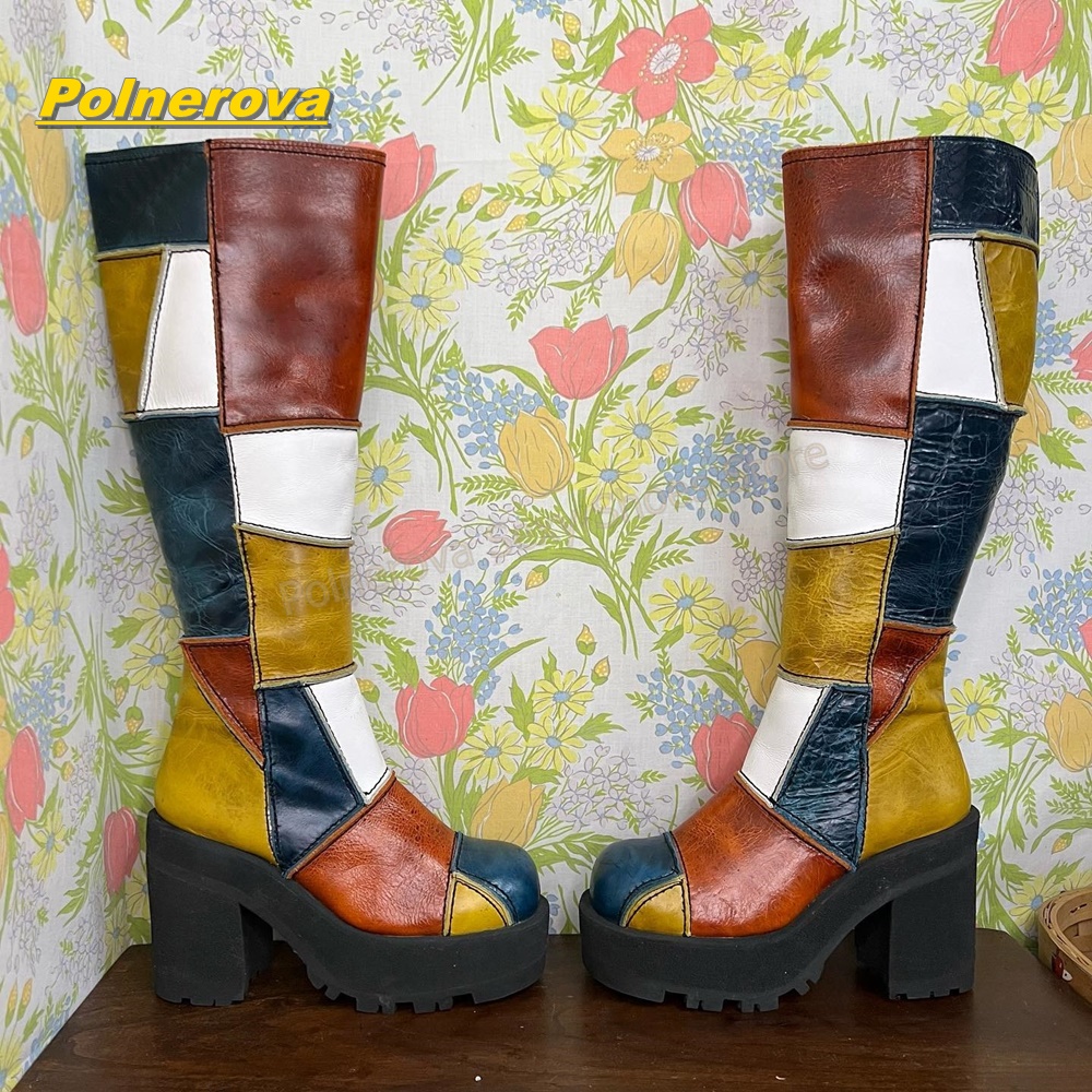 Vintage Fashion Streetwear - Damen Retro Patchwork Leder Kniehohe Stiefel