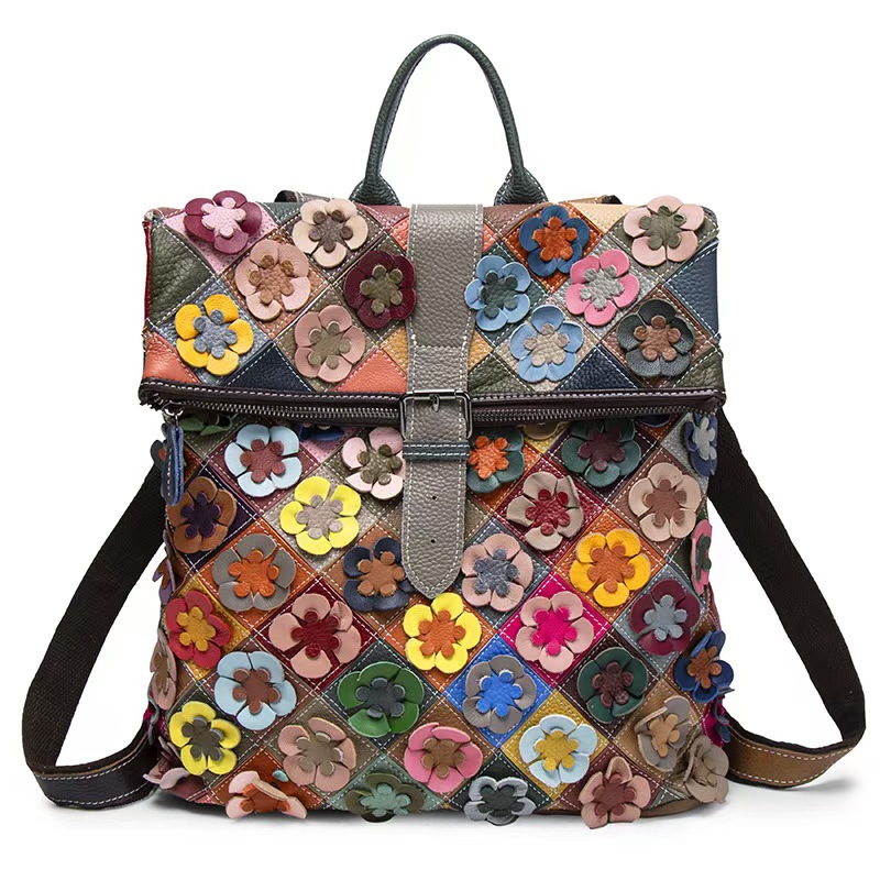 Vintage Fashion - Vintage Damen Echtleder-Rucksack mit Blumenmuster, Echtes