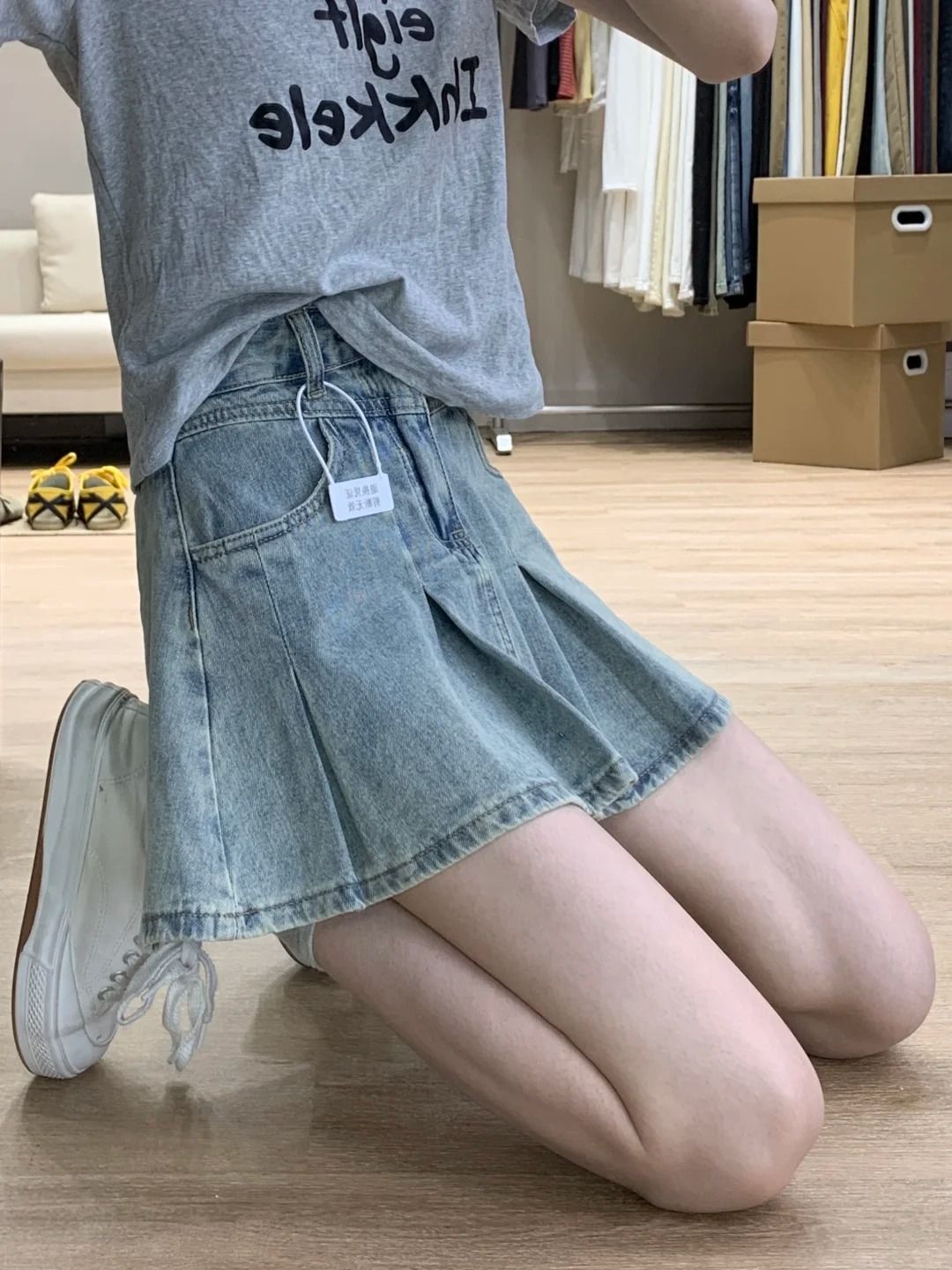 Vintage Fashion Jeans - Damen High-Waist Denim Faltenrock Vintage Washed