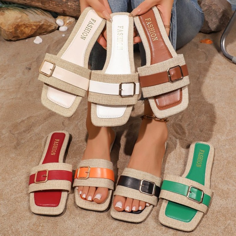 Vintage Fashion Rome - Damen-Sandalen mit quadratischer offener Zehenpartie, Einband-Schnallenverschluss