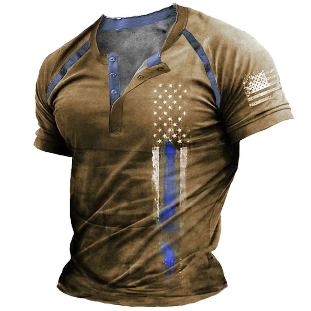 Vintage Fashion - Lustiges 3D-amerikanische-Flaggen-Print Herren-Henley-Shirt, modisches Henley-Kragen-Kurzarmshirt, Sommer-Streetwear,