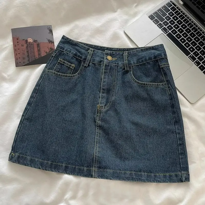 Vintage Fashion - Y2K Denim-Rock-Set: Vintage Japanischer Stil Knopfjacke