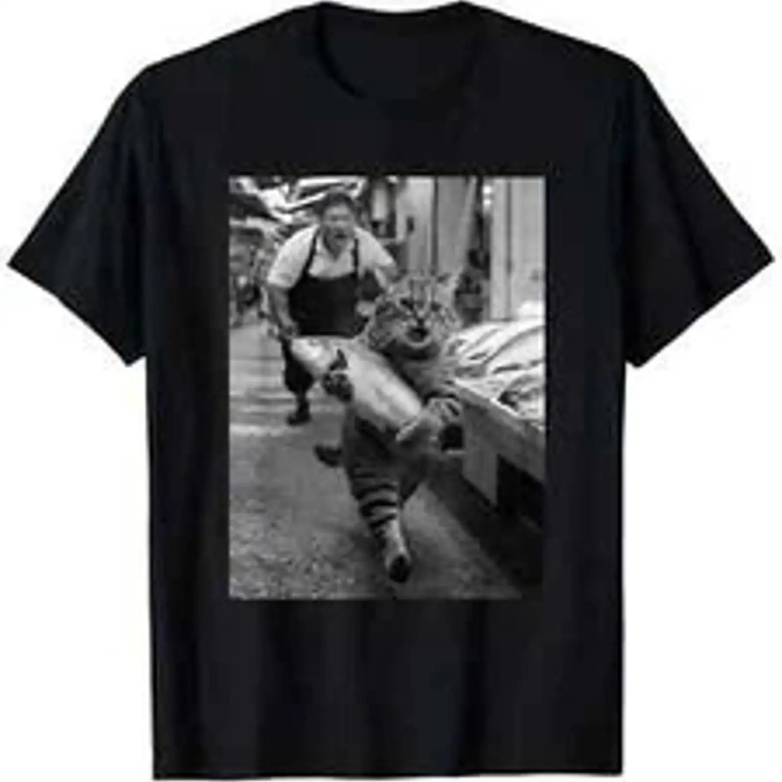Vintage Fashion Market - Lustiges Katzen-T-Shirt mit Fischmarkt-Motiv in Schwarz-Weiß,
