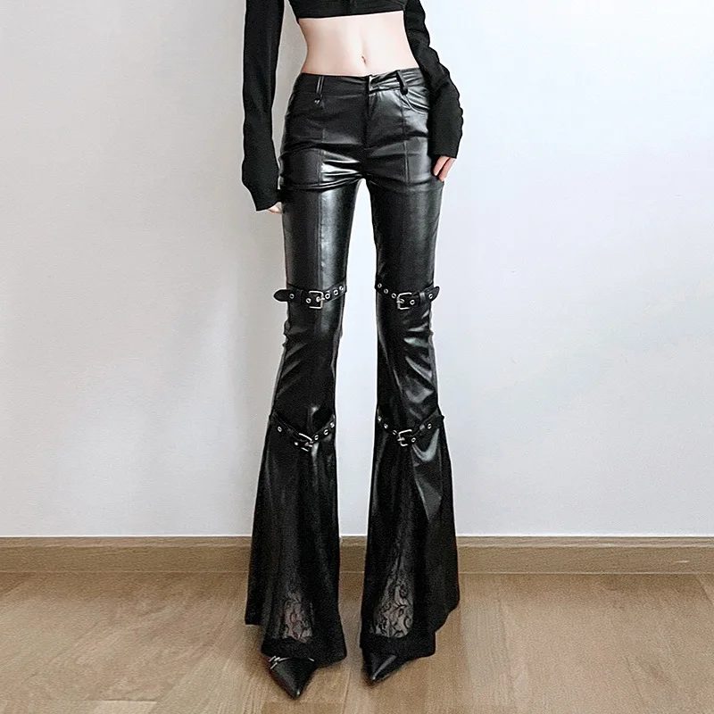 Vintage Fashion Streetwear - Schlaghose aus PU-Leder für Damen, Gothic-Schnalle,